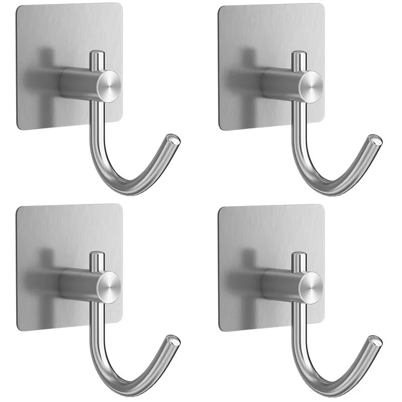4Pcs Stainless Steel Bathroom Robe Hooks Adhesive Wall Hook Towel Holder Bathroom Kitchen Hardware Multi-Purpose Hanger Hook