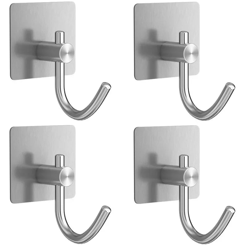 4Pcs Stainless Steel Bathroom Robe Hooks Adhesive Wall Hook Towel Holder Bathroom Kitchen Hardware Multi-Purpose Hanger Hook